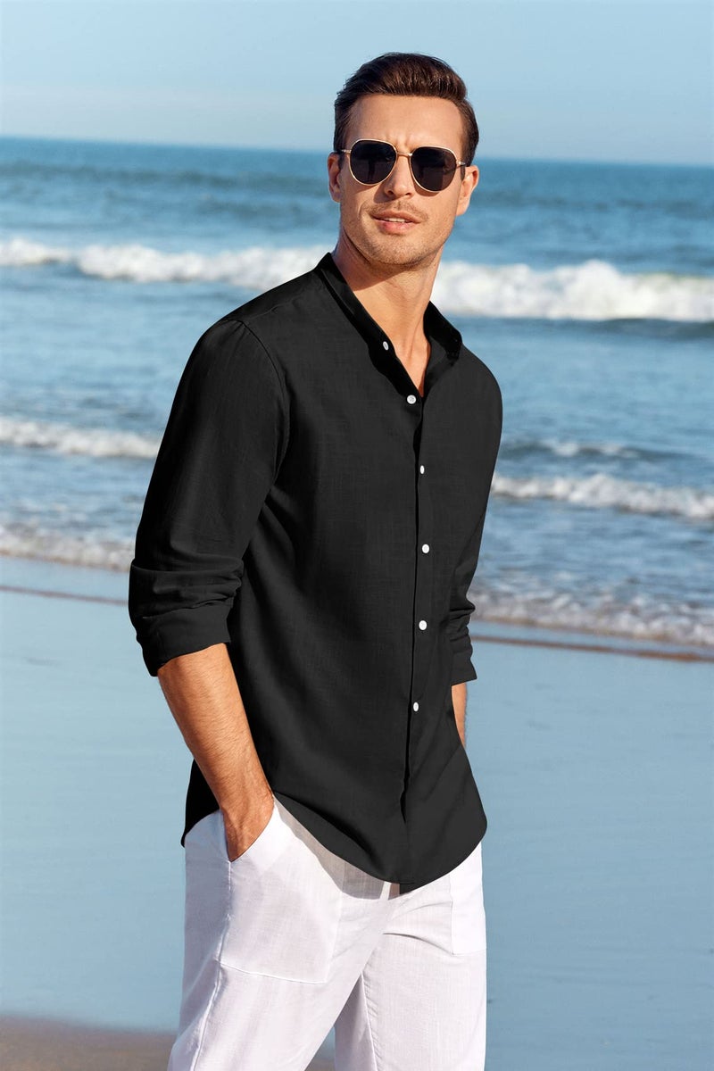 Makkrom Men Linen Shirt Button Down Long Sleeve Cotton Beach Band Collar Casual Summer Shirts - Image 3